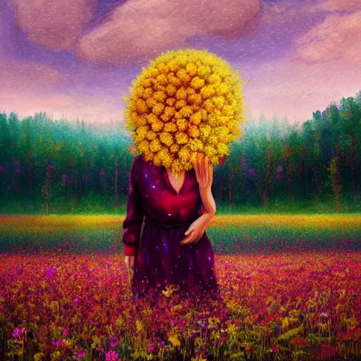 Image similar to girl with a gargantuan flower as a face, surreal photography, dream, standing in flower field, hills, big trees, sunrise dramatic light, impressionist painting, colorful clouds, digital painting, pointillism, artstation, simon stalenhag, flower face