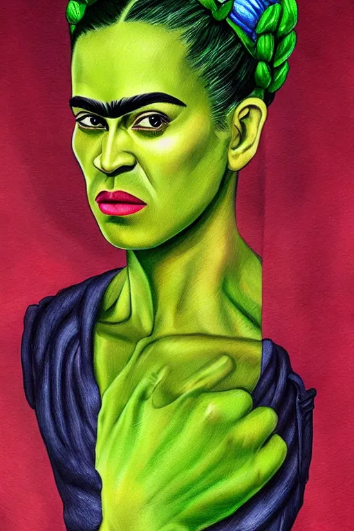 Image similar to ultra detailed incredible hulk portrait in the style of Frida Kahlo