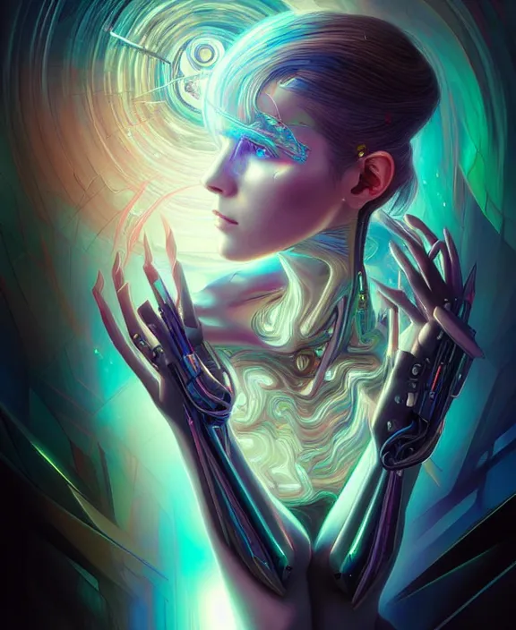 Image similar to a whirlwind of souls rushing inside the metaverse, hologram, half body, neurochip, shaved temple, piercing, jewelry, android, cyborg, cyberpunk face, by loish, d & d, fantasy, intricate, elegant, highly detailed, colorful, digital painting, artstation, concept art, art by artgerm and greg rutkowski and alphonse mucha