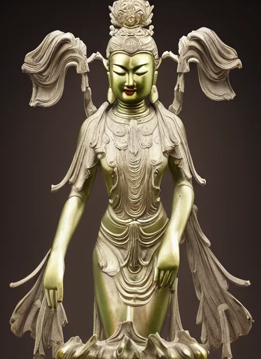 Image similar to a art deco sculpture statue of full body guanyin, intricate complexity,, statue by jane hamilton, ruan jia, character concept, radiant light,, frostbite 3 engine, cryengine, dof, trending on artstation, digital art, fantasy detailed abackground