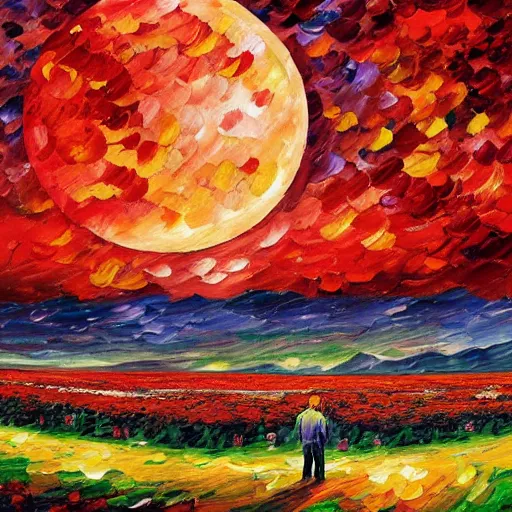 Image similar to a strawberry moon in the night sky over a field of strawberries, inspired by vincent van gogh, leonid afremov, okuda san miguel, pinks, oranges, reds post - impressionism 3 d - like