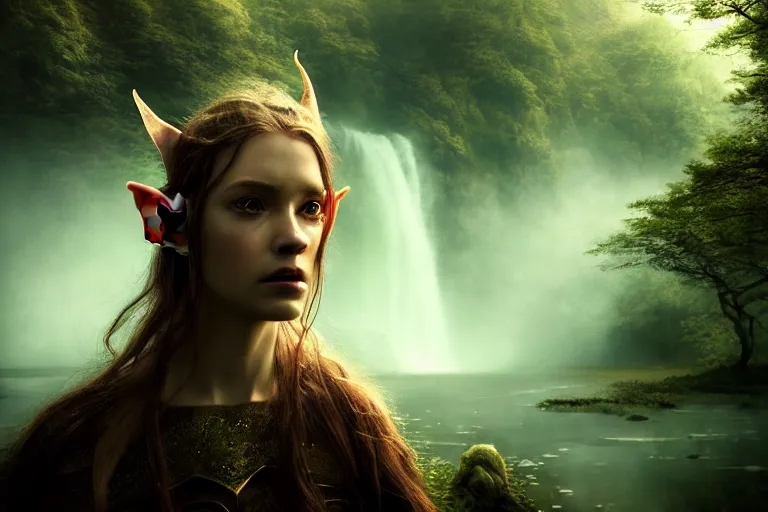 Image similar to an ultra realistic, cinematic, fantasy, headshot portrait, of an elden ring elf, fairy lights, facial features, background of a vast serene landscape, with trees and waterfalls, detailed, deep focus, movie still, dramatic lighting, ray tracing, by michal karcz and yoshitaka amano