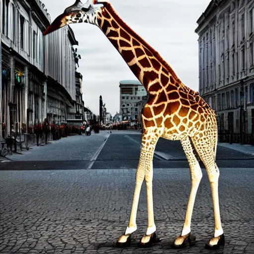 Prompt: giraffes roaming in center of helsinki, urban, photo, hyper realistic, buildings decay