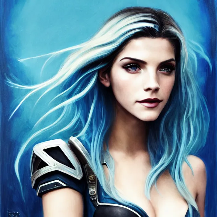 Image similar to portrait of a combination of Ashley Greene, Katheryn Winnick, Victoria Justice, Adriana Dxim, Grace Kelly and Emma Watson with blue hair wearing Interceptor's armor from Anthem, countryside, calm, fantasy character portrait, dynamic pose, above view, sunny day, thunder clouds in the sky, artwork by Jeremy Lipkin and Giuseppe Dangelico Pino and Michael Garmash and Rob Rey and Greg Manchess and Huang Guangjian, very coherent asymmetrical artwork, sharp edges, perfect face, simple form, 100mm