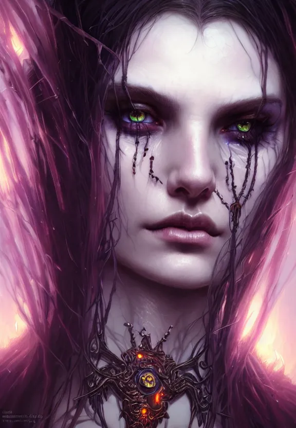 Image similar to Necromancer Sorceress face close-up macro in center, fantasy magic, undercut hairstyle, dark light night, intricate, elegant, sharp focus, illustration, highly detailed, digital painting, concept art, matte, art by WLOP and Artgerm and Greg Rutkowski and Alphonse Mucha, masterpiece