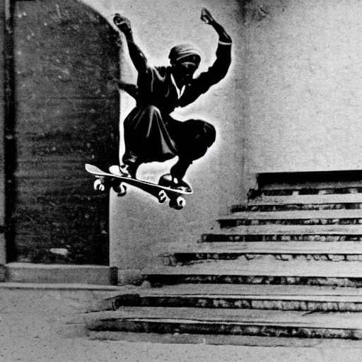Prompt: historical photograph, Harriet Tubman skateboarding, doing a kickflip over stairs, high detail
