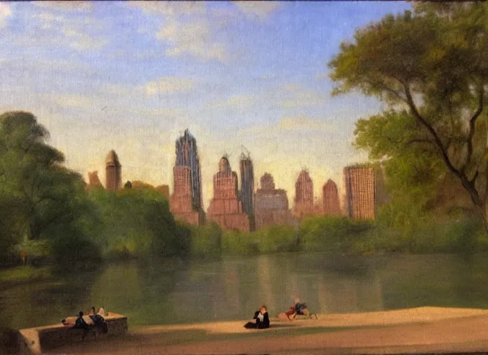 Image similar to central park, new york in 1 9 3 0 in the style of hudson river school of art, oil on canvas