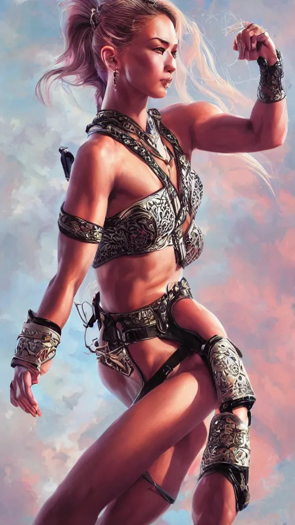 Prompt: Athletic exotic princess woman, modern body combat harness straps, robes, platinum jewellery, painted illustration poster, collage, intricate, elegant, highly detailed, digital painting, artstation, concept art, matte, sharp focus, illustration, sunset, specular lighting, art by Noriyoshi Ohrai, by artgerm