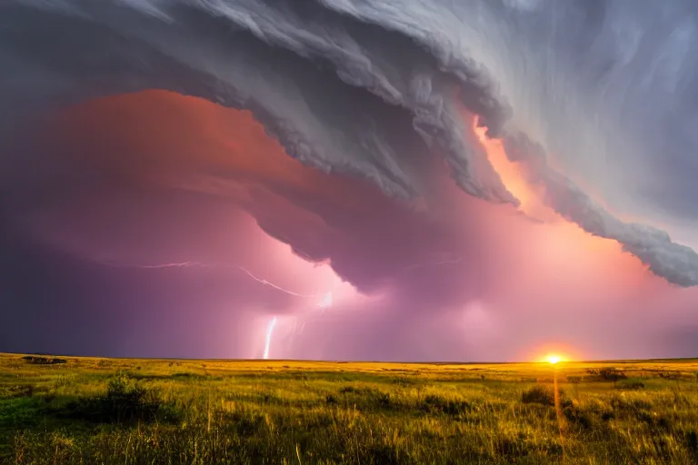 Image similar to a photo of a supercell thunderstorm, serene environment, illuminated from various angles by the setting sun, cinematic