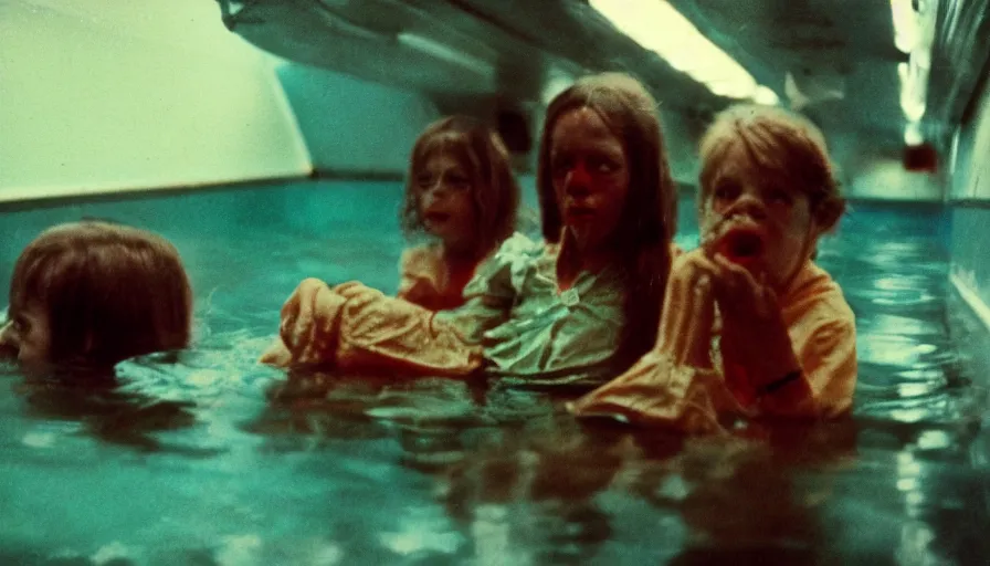 Image similar to 7 0 s film still from a horror movie about people sitting at the bottom of the ocean, kodachrome, cinecolor, cinestill, film grain, film texture, retro, cinematic, high resolution, photorealism,