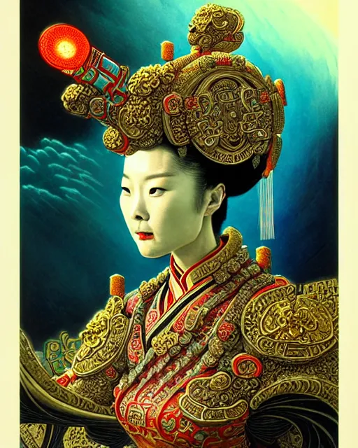 Image similar to chinese empress, character portrait, portrait, close up, concept art, intricate details, highly detailed, ornate, chinese patterns, soft light, vintage sci - fi poster, in the style of chris foss, rodger dean, moebius, michael whelan, and gustave dore