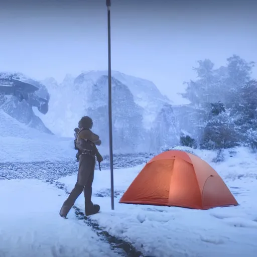 Prompt: a movie still from final fantasy live action, a traveler camping alone in the snow