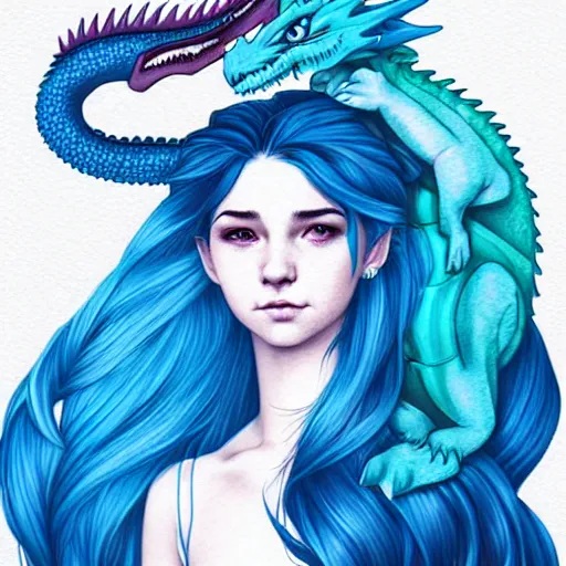 Prompt: head and shoulders portrait of a girl with blue hair and her cute dragon, illustration, medium shot, intricate, elegant, highly detailed, digital art, ffffound, art by Fernanda Suarez and sachin teng