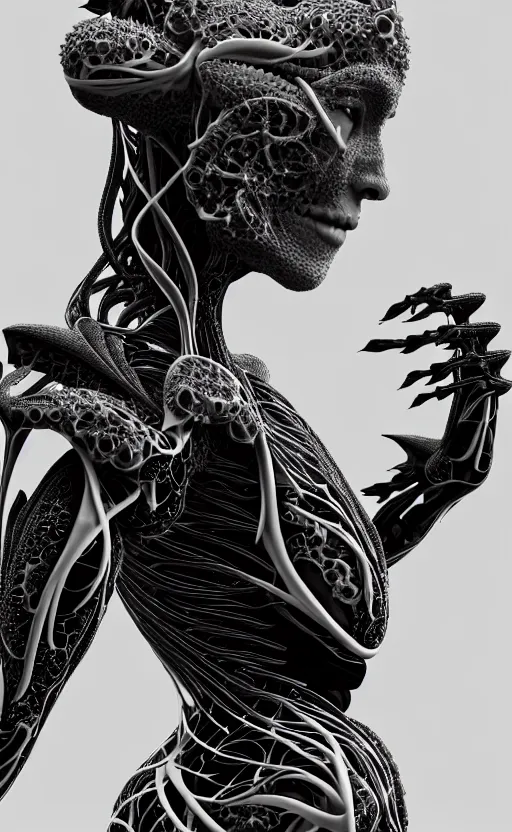 Image similar to a black and white 3D render of a beautiful profile face portrait of a female dragon-cyborg, 150 mm, flowers, Mandelbrot fractal, anatomical, flesh, facial muscles, wires, microchip, veins, arteries, full frame, microscopic, elegant, highly detailed, flesh ornate, elegant, high fashion, rim light, octane render in the style of H.R. Giger and Man Ray