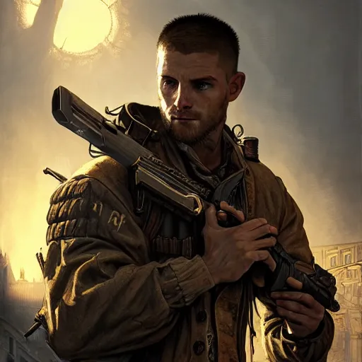 Image similar to Brian Frost as Aiden Caldwell character from Dying Light 2 Stay Human, western, D&D, fantasy, intricate, elegant, highly detailed, digital painting, artstation, concept art, matte, sharp focus, illustration, art by Artgerm and Greg Rutkowski and Alphonse Mucha