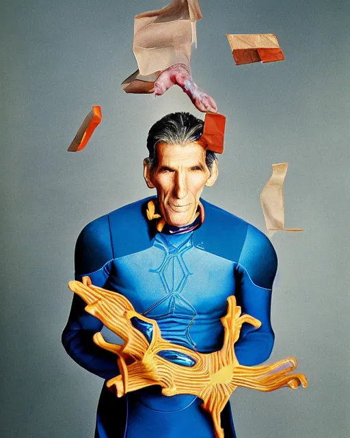 Image similar to Actor Michael Rennie Starring as Reed Richards, Colorful, Modern, Cutting Edge, photographed in costume by Annie Leibovitz, Studio Lighting