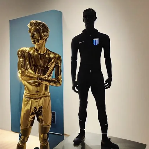 Image similar to “ a realistic detailed photo of a guy who is an attractive humanoid who is half robot and half humanoid, who is a male android, soccer player antoine griezmann, shiny skin, posing like a statue, blank stare, at the museum, on display ”