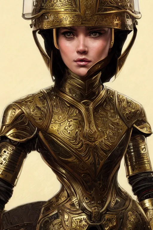 Prompt: a portrait of an attractive young female, ornate metallic helmet, clothed in battle armor, olive skin, long dark hair, beautiful bone structure, symmetrical facial features, intricate, elegant, highly detailed, digital painting, trending on Artstation, concept art, smooth, sharp focus, illustration, art by artgerm and greg rutkowski and alphonse mucha