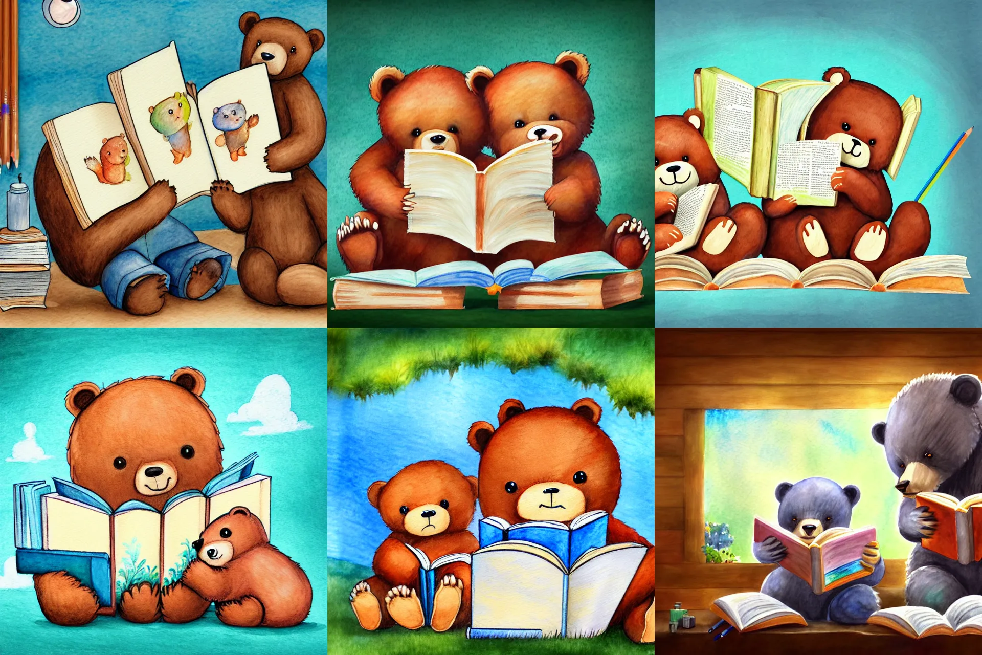 Prompt: cute painting of bears reading books, children's book illustration, pencil and watercolors, unreal engine, 8 k render