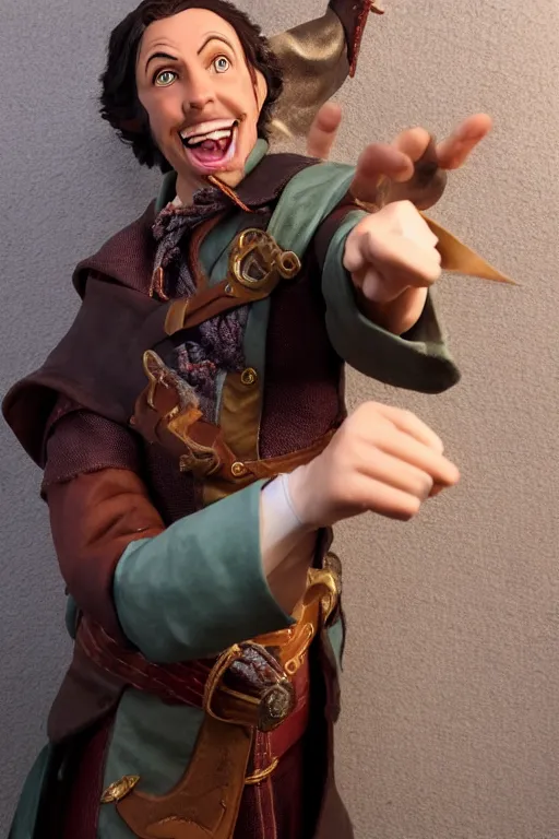 Image similar to Sam Riegel as Scanlan Shorthalt from Vox Machina, Halfling Bard, realistic cinematic shot, flipping you off using Bigby's Hand, subtle fog and mood lighting