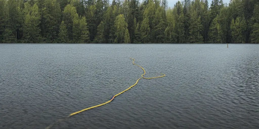 Prompt: centered photograph of an infinitely long rope zig zagging across the surface of the water, floating submerged rope stretching out towards the center of the lake, a dark lake on a cloudy day, color film, trees in the background, hyperedetailed photo, anamorphic lens