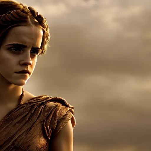 Prompt: emma watson as helen of troy, epic, cinematic, amazing quality, moody lighting, 8 k