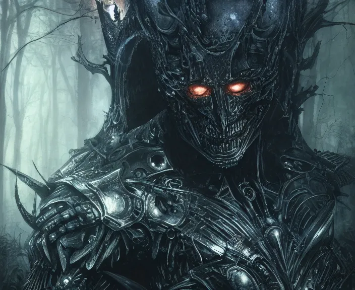 Image similar to 5 5 mm close up portrait photo of an armored biomechanical demonic superman looking at the camera, in a magical forest. dark atmosphere. art by greg rutkowski and luis royo. highly detailed 8 k. intricate. lifelike. soft light. nikon d 8 5 0.