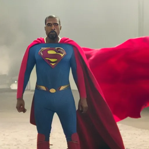 Prompt: Movie still of Kanye West as superman