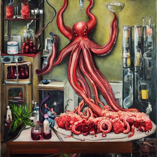 Prompt: female catgirl in her apartment, surgical equipment, giant octopus, a fur seal, raw pork, berry juice drips, pancakes, berries, peppercorns scientific glassware with plant roots, art supplies, candles dripping wax, neo - impressionist surrealism, acrylic and spray paint and oilstick on canvas