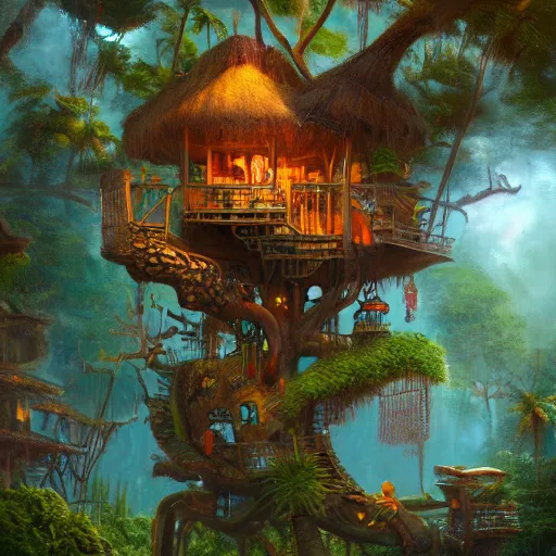 Prompt: tikipunk treehouse, fantasy oil painting, fine art, cinematic lighting, hyperdetailed, 8k, high resolution, insanely detailed and intricate, trending on artstation, octane render