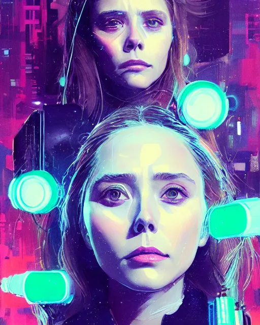 Image similar to detailed portrait of elizabeth olsen as a neon operator girl, cyberpunk futuristic, neon, reflective puffy coat, decorated with traditional japanese by ismail inceoglu dragan bibin hans thoma greg rutkowski alexandros pyromallis nekro rene margitte, illustrated, perfect face, fine details, realistic shaded, fine - face, pretty face