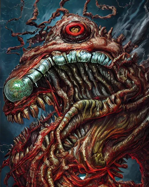 Image similar to Haunting horrifying detailed painting of a huge muscular hulking extraterrestrial flowing towel monster made of cloth, and bloodshot eyeballs, hyper detailed, trending on Artstation