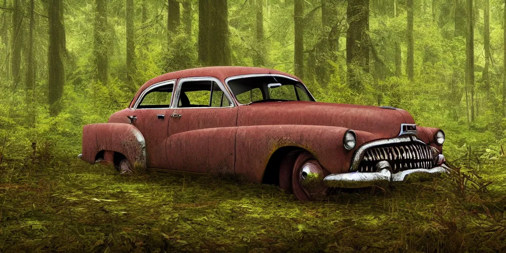 Prompt: Photograph of an abandoned rusty 1950's Buick in a forest, overgrown with vegetation, realistic octane render, 8k, ultra detailed close up