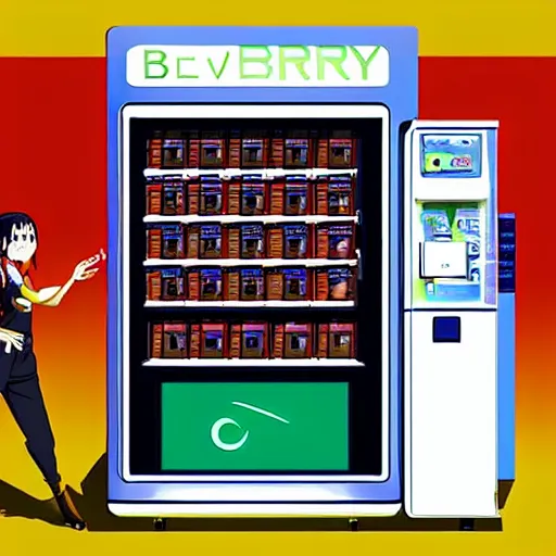 Prompt: “Shinji from Eva buying berries from a berry vending machine on a futuristic space ship, anime, artstation”