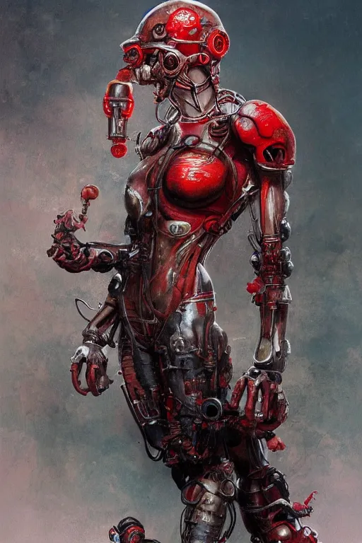 Image similar to a girl in a closed helmet in a red biopunk costume consisting of swollen muscles, tendons, bones joints, protruding pistons. masterpiece 4k digital illustration by Frank Frazetta, award winning, Artstation, Akira aesthetic, black background, intricate details, realistic, long shot view, Hyperdetailed, 8k resolution