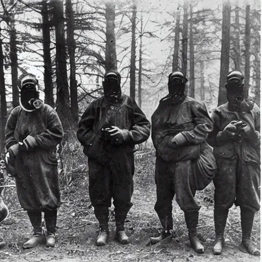 Image similar to “ a group of men wearing gas masks in the forest, 1 9 0 0 ’ s photo ”