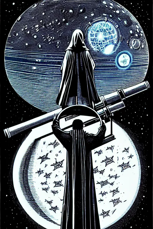 Image similar to cloaked wizard looking into a telescope, high details, intricately detailed, by vincent di fate, inking, 3 color screen print, masterpiece, trending on artstation,, sharp, details, hyper - detailed, hd, 4 k, 8 k