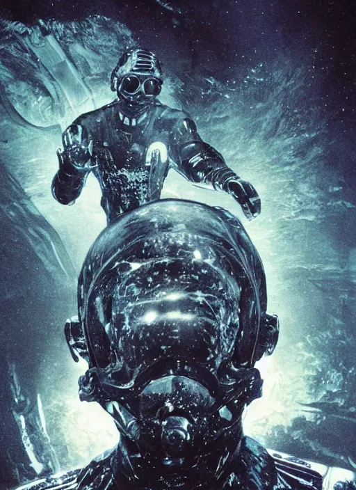 Image similar to astronauts divers in dark void underwater - complex and hyperdetailed technical suit design. reflection and dispersion materials. rays and dispersion of light. volumetric light. f / 3 2. noise film photo. flash photography. ultra realistic, 5 0 mm. poster by wayne barlowe, hajime sorayama aaron horkey, craig mullins