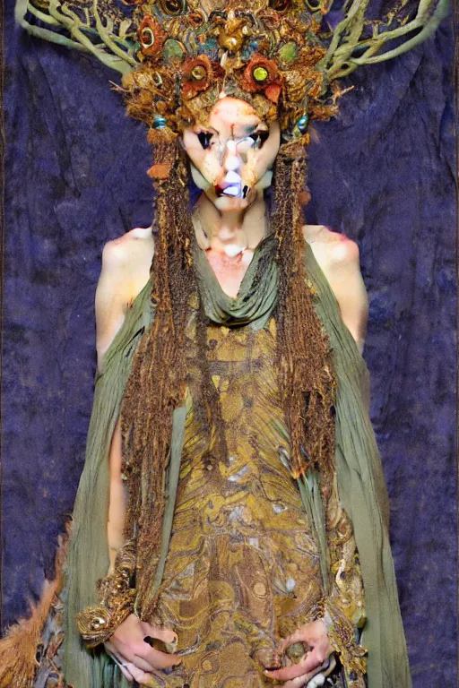 Image similar to coronation portrait of the goddess of the Last Tree, by Donato Giancola and John Bauer and John William Godward and Vermeer, embroidered velvet, iridescent beetles, rich color, ornate headdress, flowing robes, lost runes, ancient civilizations, dramatic cinematic lighting, featured on Artstation, cgisociety, unreal engine, extremely detailed