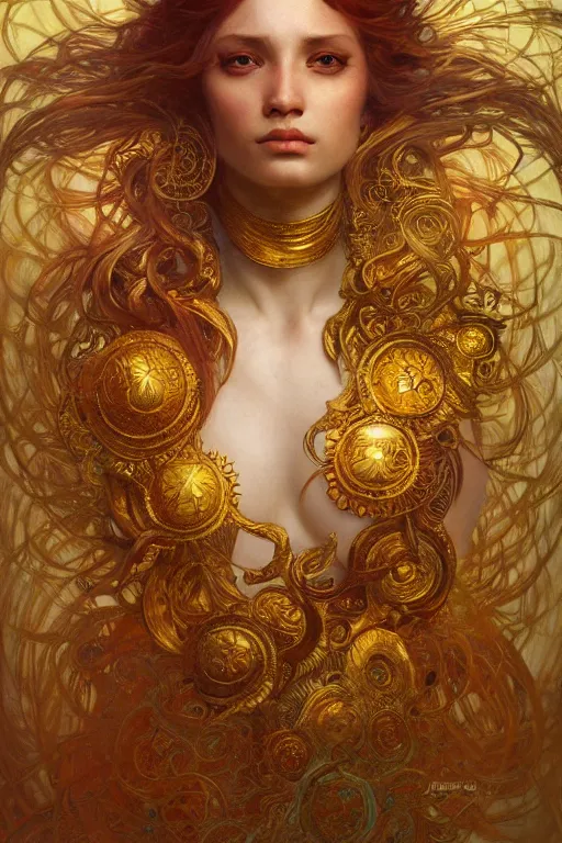 Image similar to god of sun, gold hair, gold eyes, tanned skin, fantasy, intricate, highly detailed, digital painting, artstation, concept art, smooth, sharp focus, art by art by Artem Demura and Alphonse Mucha, ArtGerm, valentina remenar, ruan jia