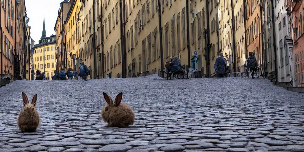 Image similar to a street in stockholm full of rabbits