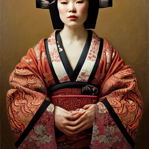 Prompt: highly detailed oil painting | very intricate | cinematic lighting | award - winning | the scandinavian viking geisha in an exquisite tribal kimono | by roberto ferri, by tom bagshaw, by j. c. leyendecker and klimt, beautifulh cinematic light, american romanticism, by austin osman spare, artstation, cgsociety, official art, octane