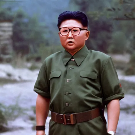 Image similar to filmstill of Kim Jong-il in the role of Rambo, cinemascope, Eastman Color Negative 50T 5251 Neg. Film