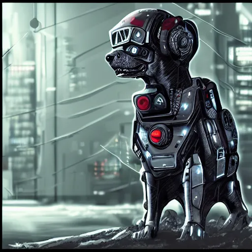 Image similar to Cyberpunk cyborg dog , digital art , highly detailed , high contrast, beautiful lighting, award winning , trending on art station, photorealistic, 8k