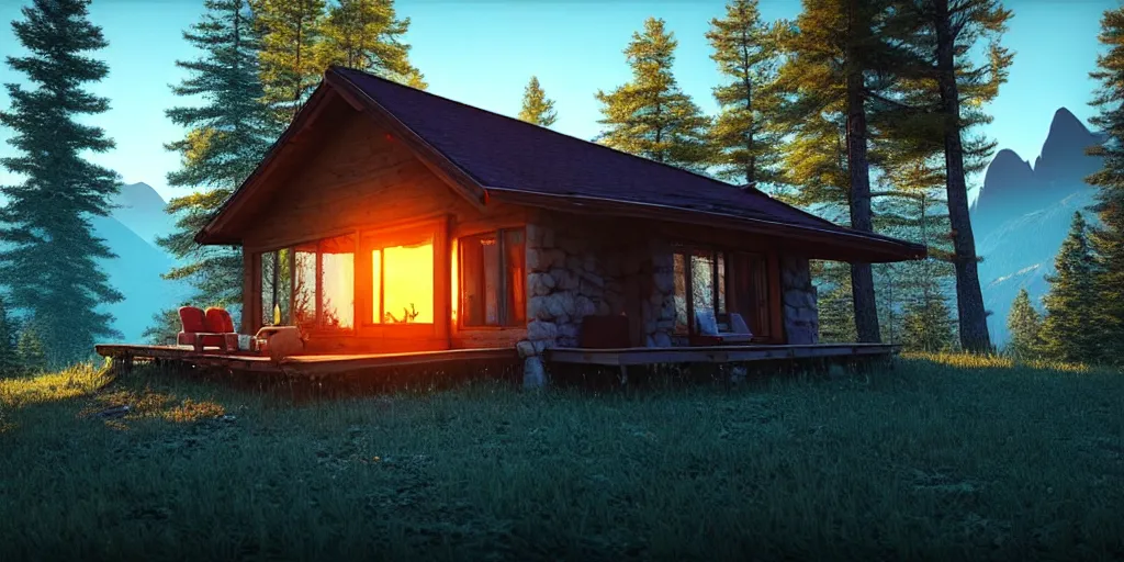 Image similar to a cozy little house in the woods, mountains in the background relaxing, 3 d concept art by phillip urlich, chill, relaxing, peaceful, sunset, extremely detailed art, unreal engine 5, hyper realism