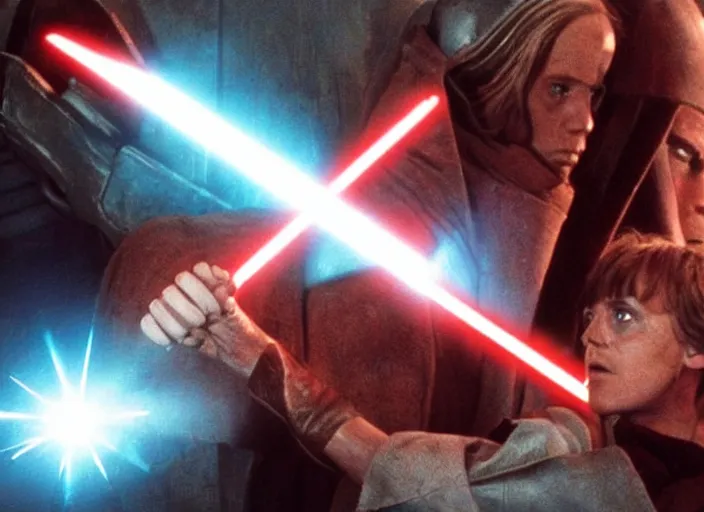 Image similar to screenshot from the lost star wars film, Luke Skywalker facing off against a female sith lord, iconic scene from the lost Star Wars film, Remnants Of the Empire, 1990 directed by Stanely Kubrick, lens flare, moody cinematography, with anamorphic lenses, crisp, detailed, 4k