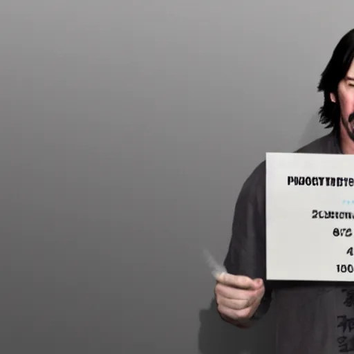 Image similar to a photo of an arrest mugshot of keanu reeves after being arrested, holding a sign with random numbers, 8 k resolution, photorealistic