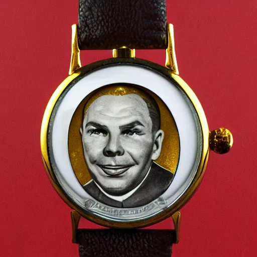 Image similar to watch, portrait of gagarin on the dial, gagarin, gagarin engraving, custom watc, gold silver, diamond, brilliant, super detailed, photorealistic, 8 k white background