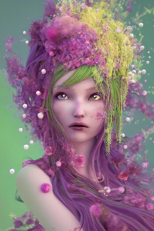 Prompt: transcending yesterday's self, vine headdress, moss patches, 2 0 mm, with pastel yellow and green bubbles bursting, pink hair, melting into lilligant, delicate, beautiful, intricate, houdini sidefx, by jeremy mann and ilya kuvshinov, jamie hewlett and ayami kojima, bold 3 d