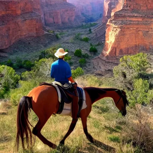 Image similar to horse spirit with lucky on his back riding next to a canyon riding into the sunset